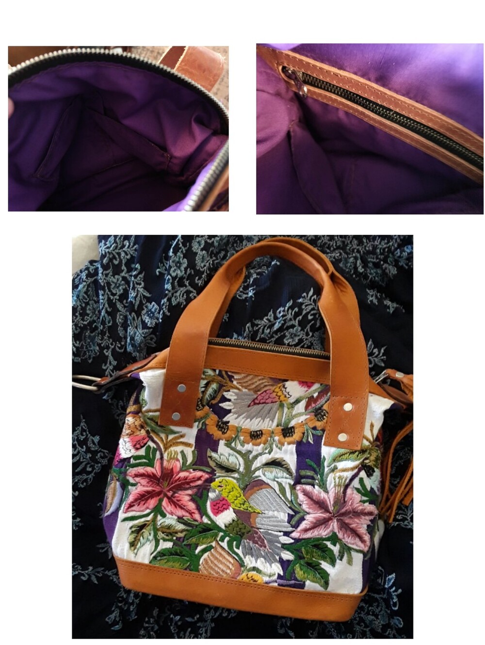 Embroidered Floral & Bird Bag in Summer Flowers Brown and Multicolor